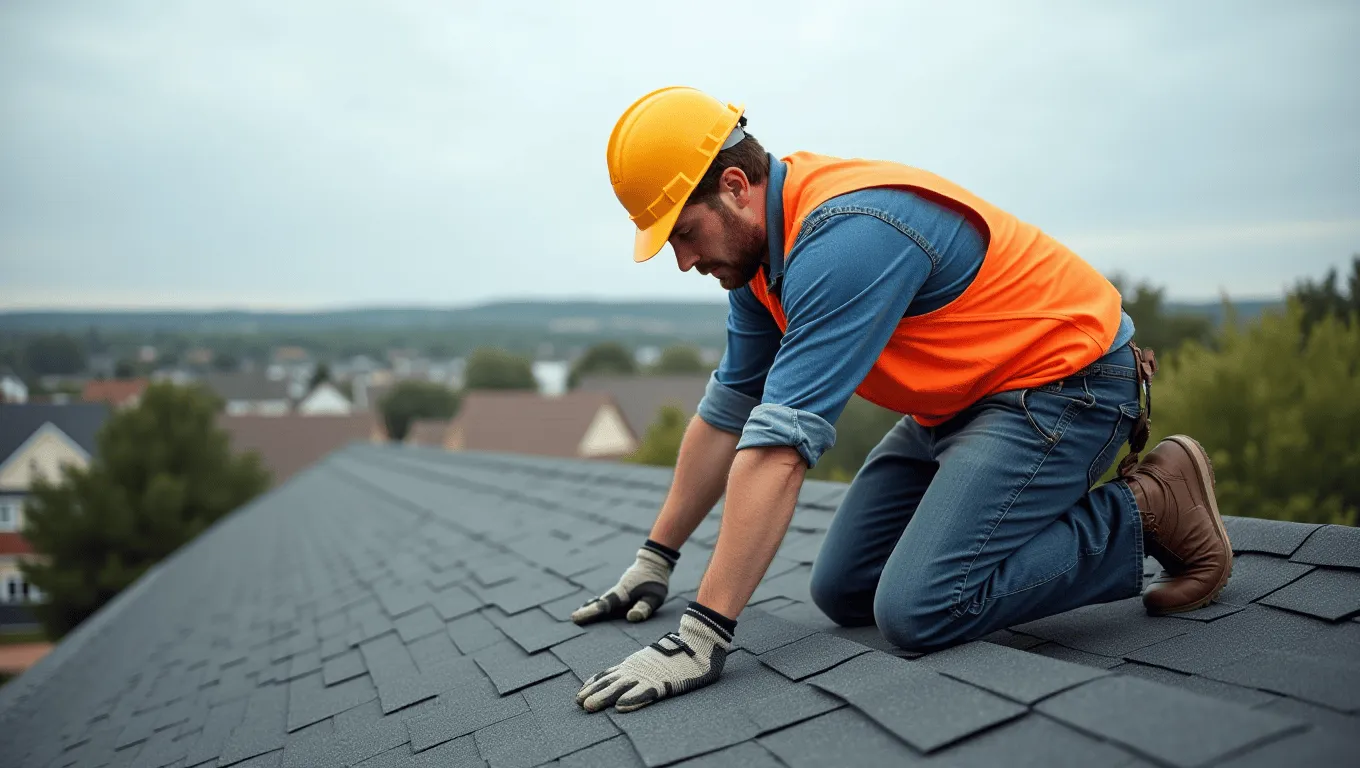 Roofer installing new shingles on a residential home.