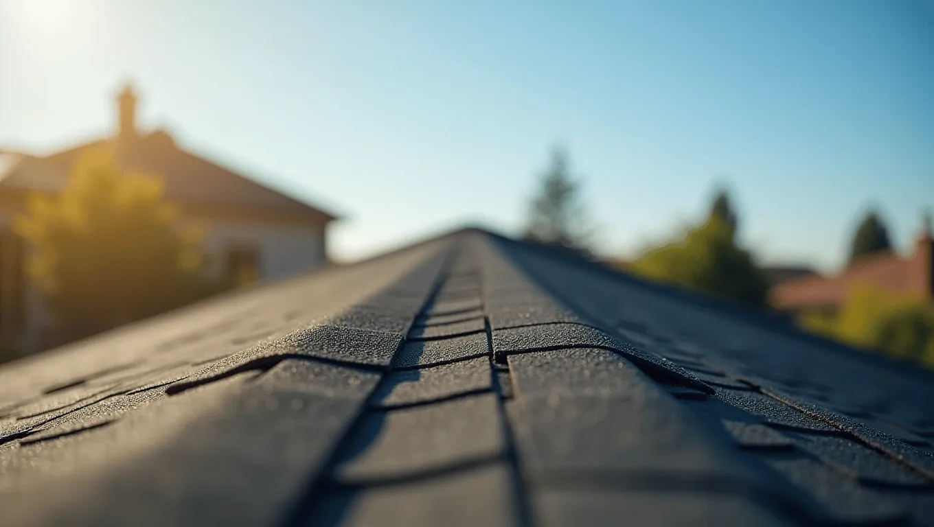 Newly repaired residential roof with fresh shingles.