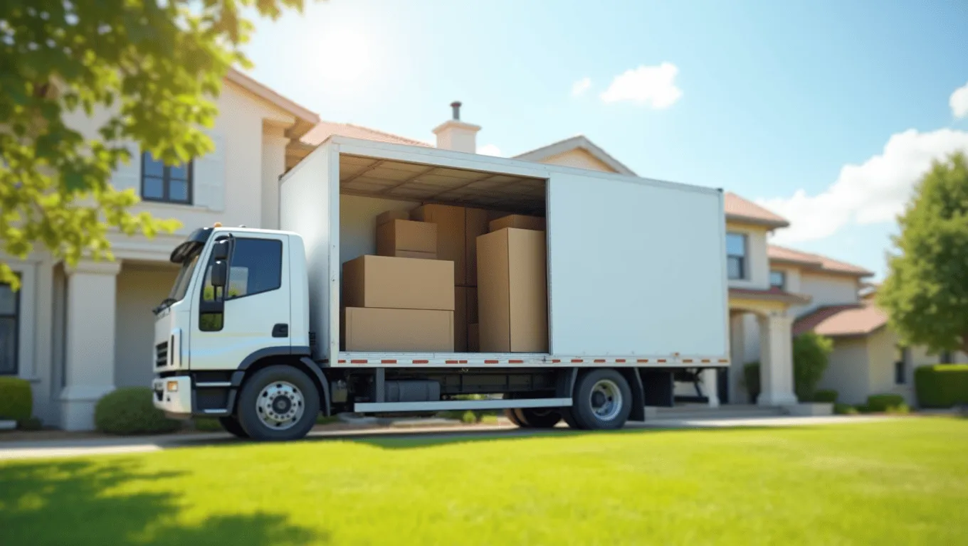 Moving truck parked outside a house ready for relocation.