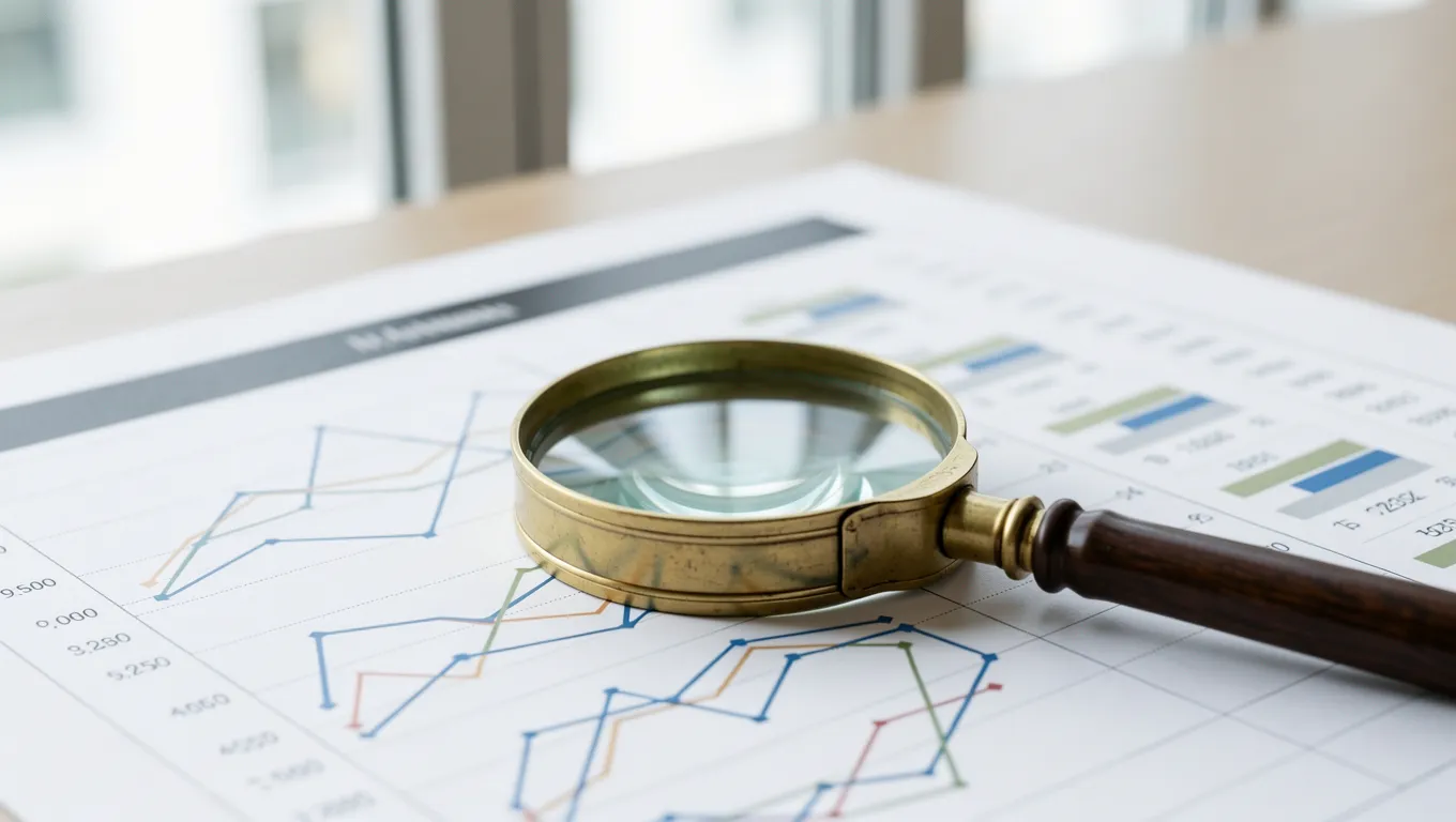 Magnifying glass over detailed financial spreadsheets