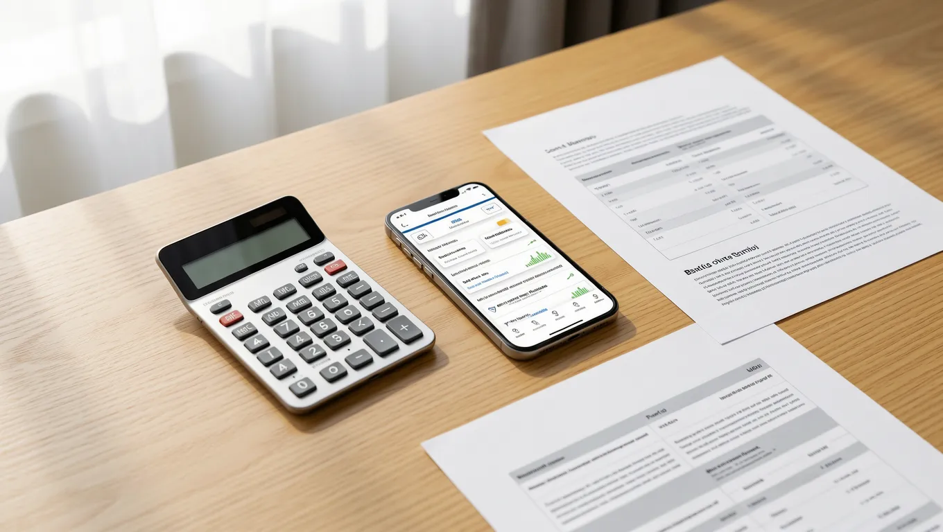 Calculator and smartphone on a desk with financial documents