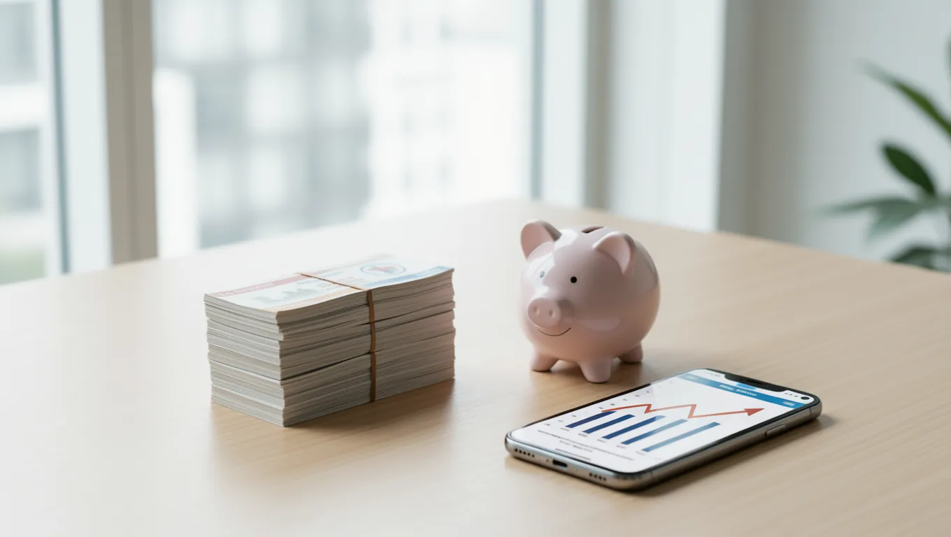 Savings items and a phone displaying financial growth