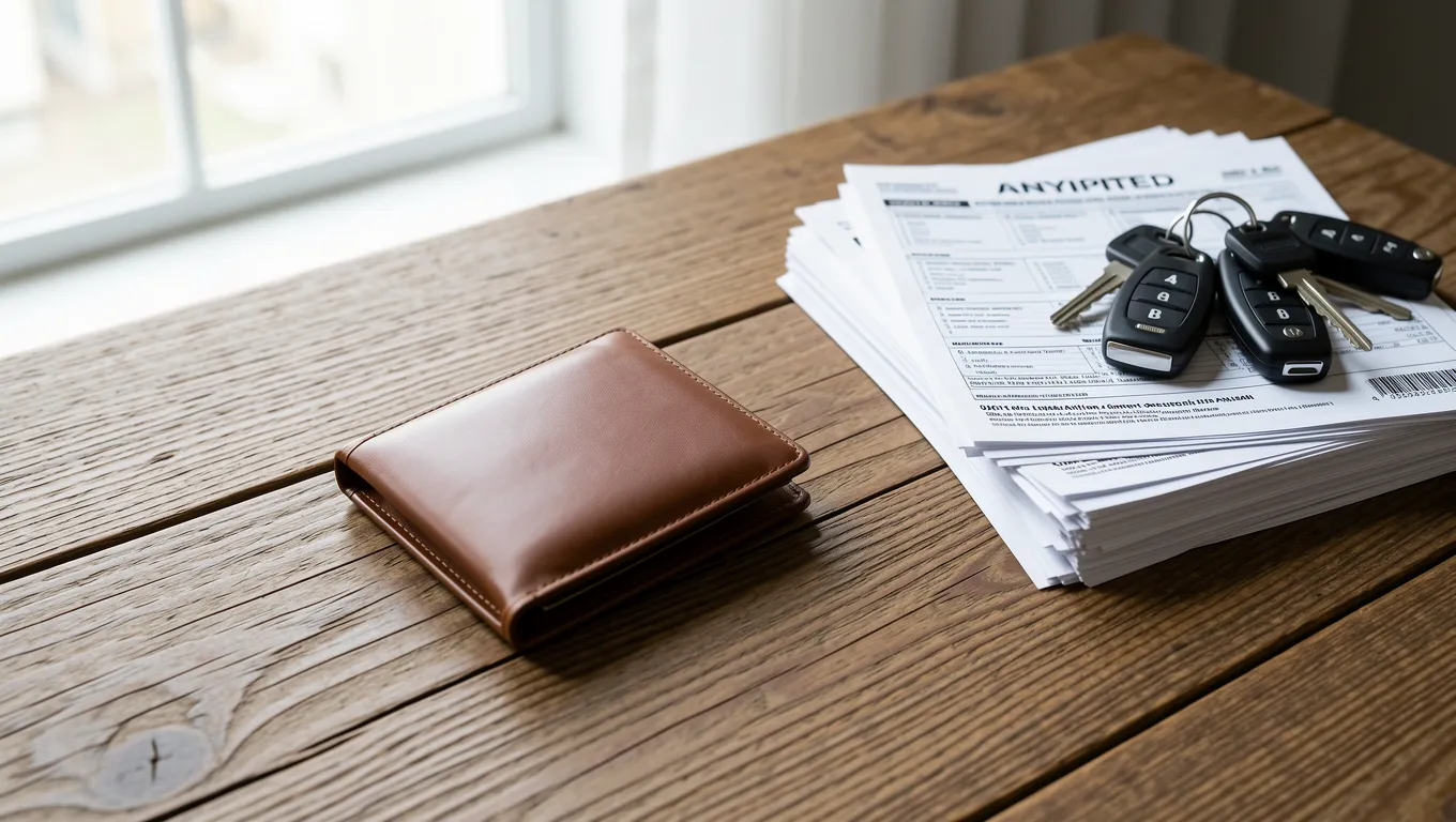 An empty wallet next to urgent unpaid utility bills