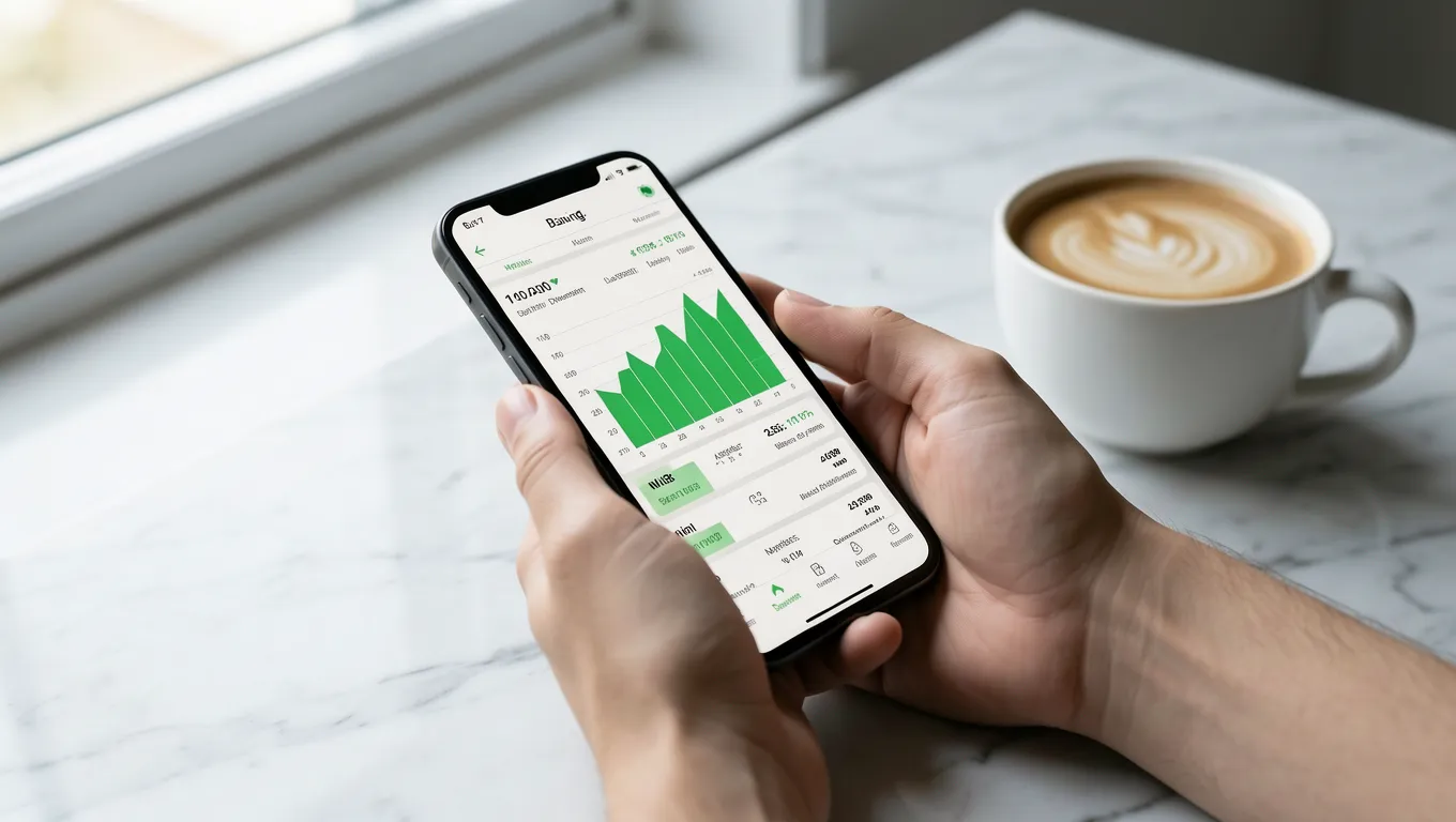 Hand holding a smartphone displaying a financial growth app