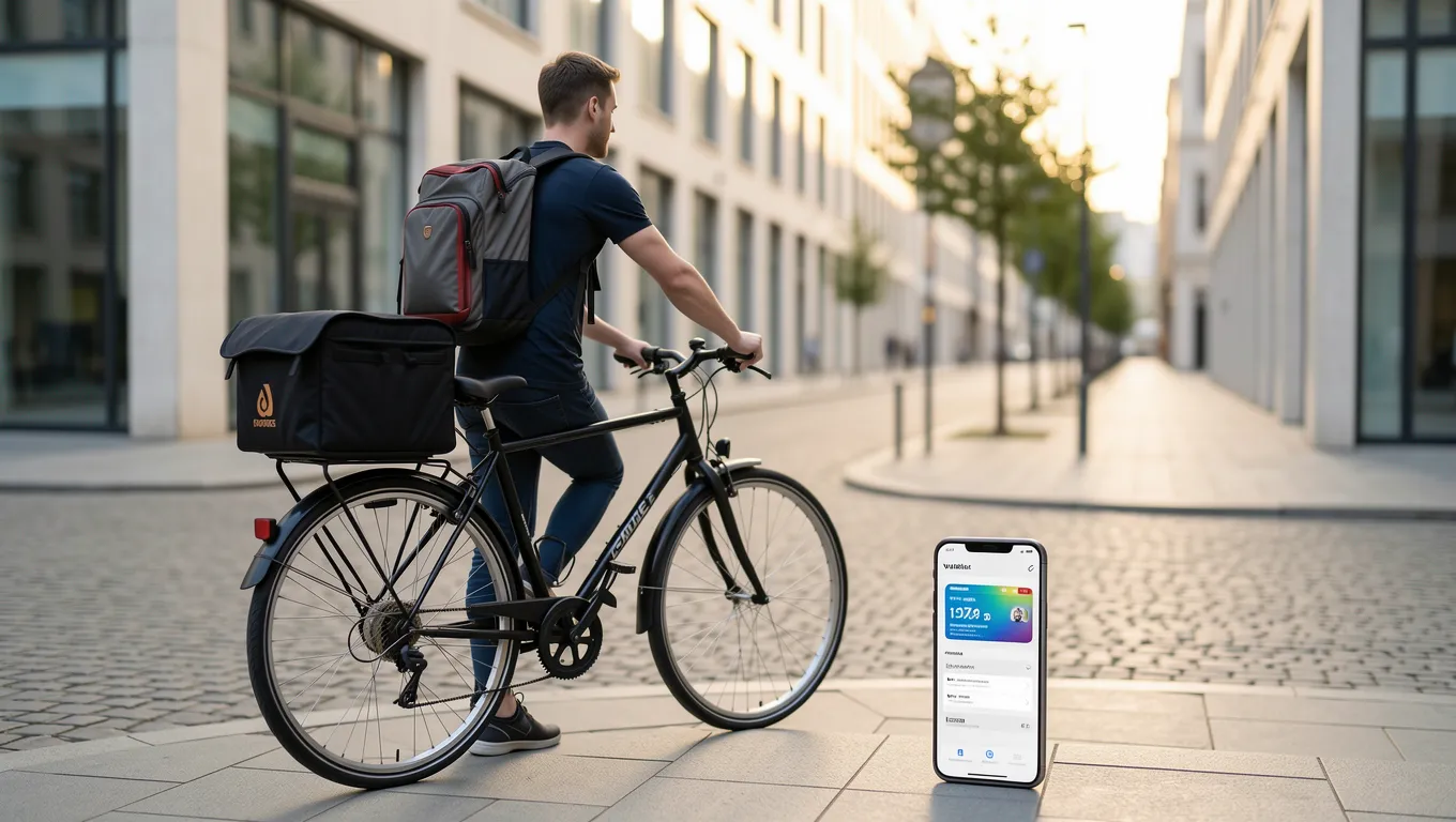 Delivery bicycle and smartphone in a city setting illustrating gig work
