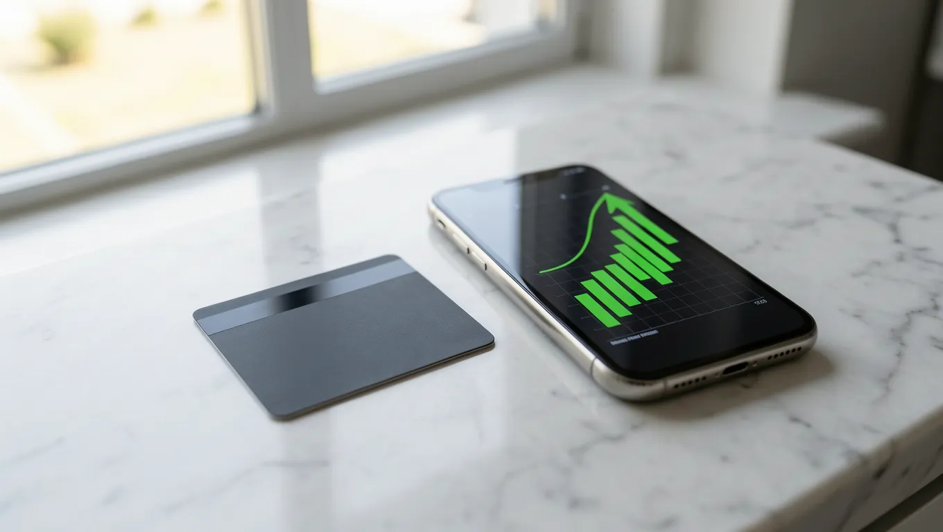 Smartphone showing financial growth and a credit card