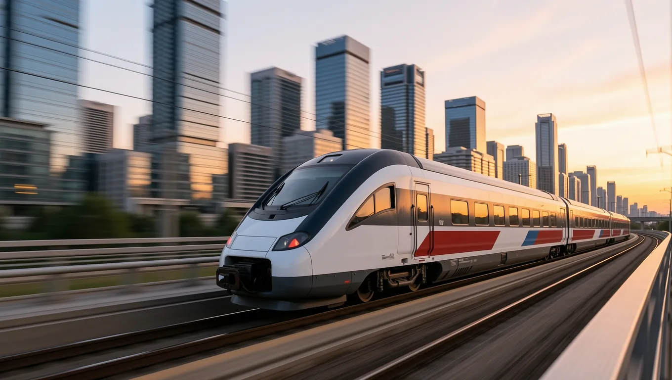 High-speed train passing through a city at sunset symbolizing financial velocity