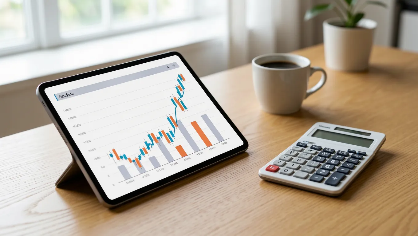 Digital tablet showing financial charts and a calculator on a desk
