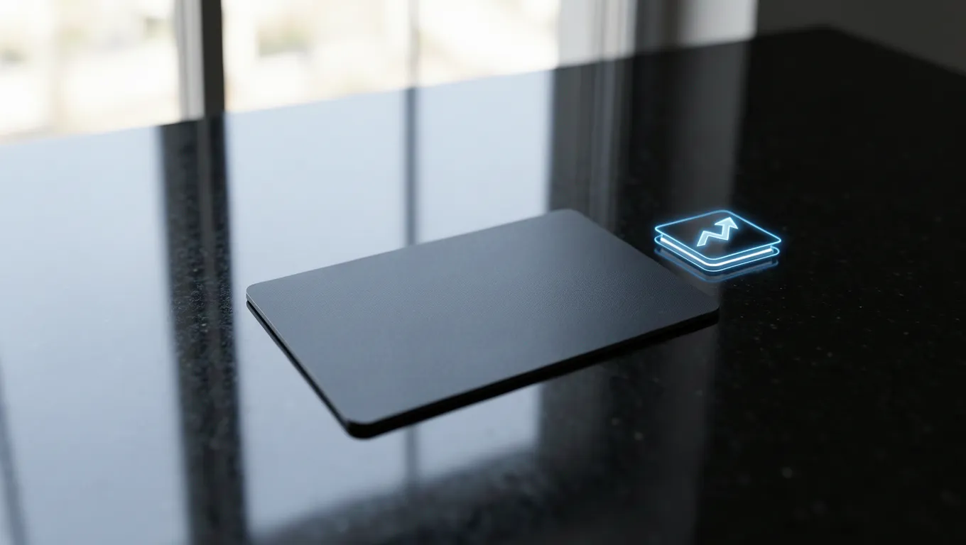 A sleek black credit card on an obsidian surface with a digital growth chart