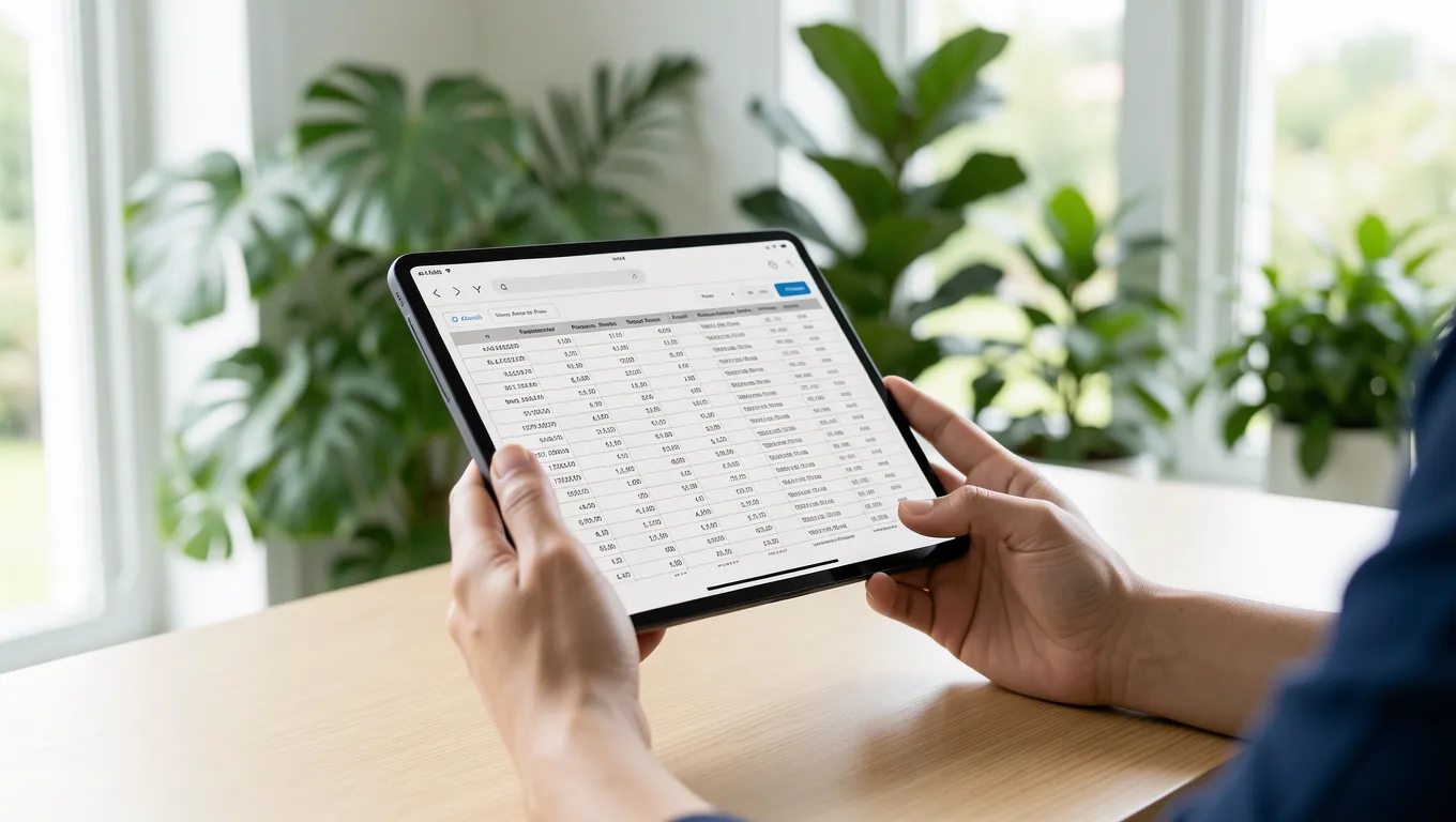 Professional hands reviewing a digital financial spreadsheet on a tablet device