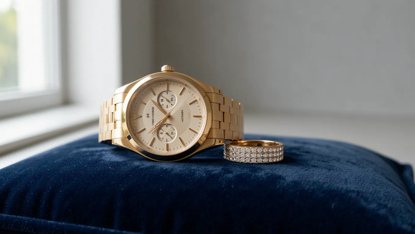 A luxury gold watch and diamond ring on blue velvet