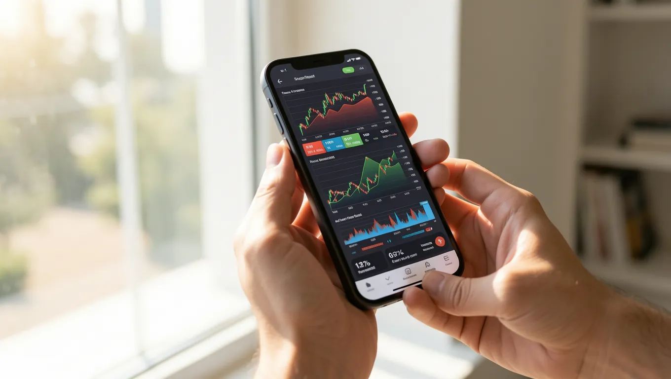 Hands holding a smartphone with financial growth charts