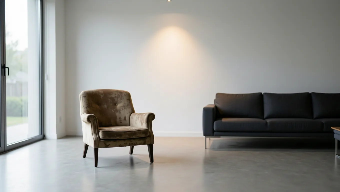 Comparison of a worn chair and a modern sofa in a bright room