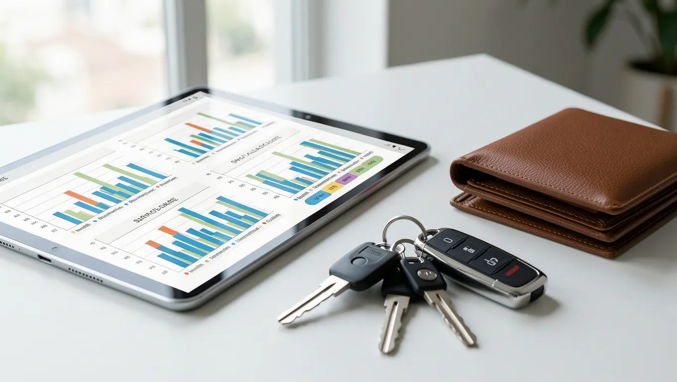 Financial charts on a tablet with car keys and a wallet