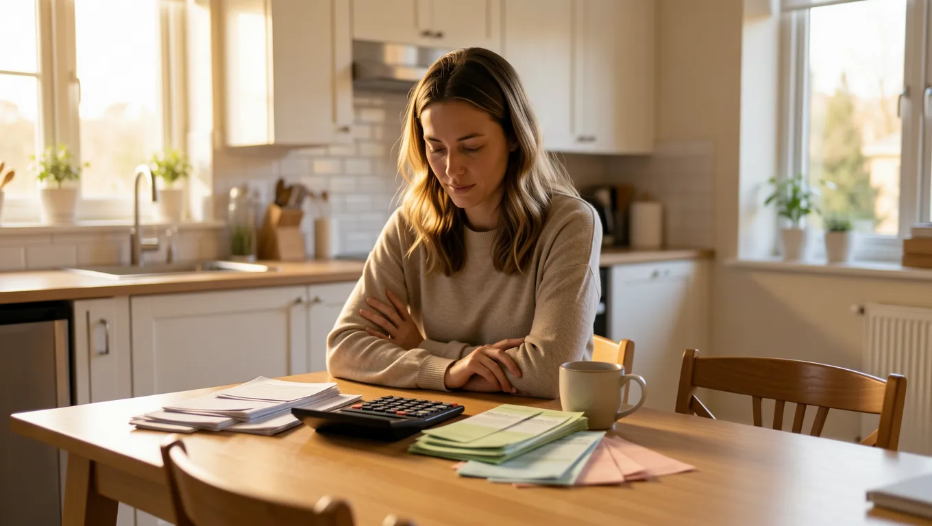 Single parent reviewing household finances at a sunlit kitchen table