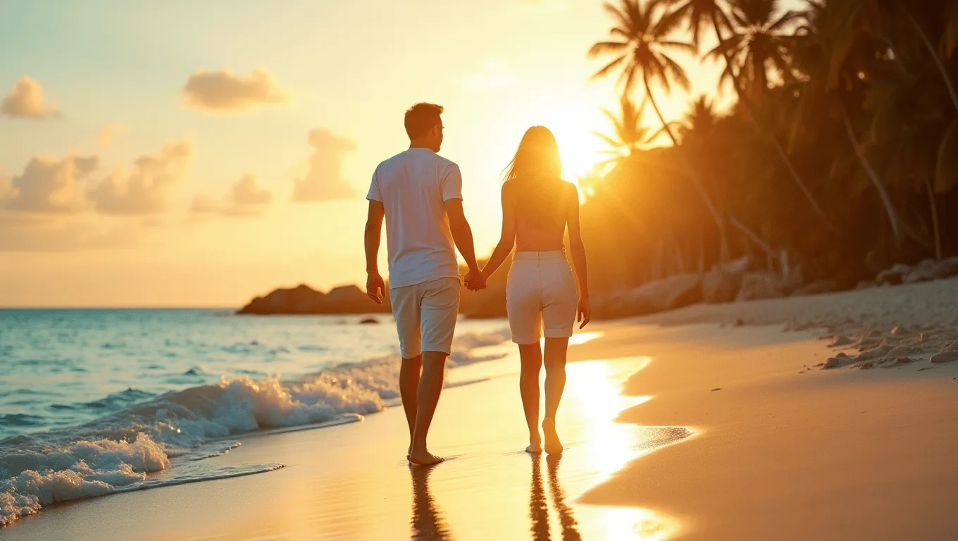 Couple happily reviewing honeymoon loan documents.