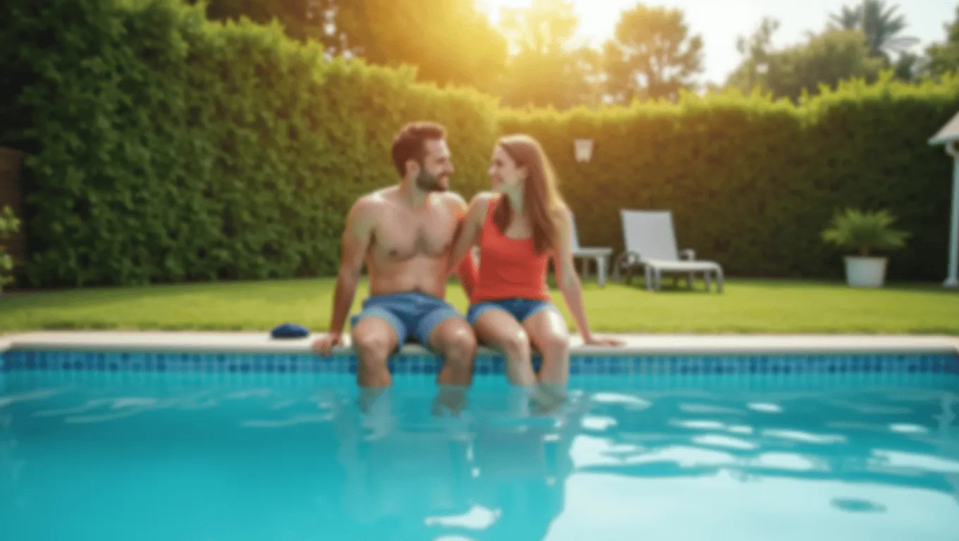 Couple discussing pool financing options and documents.