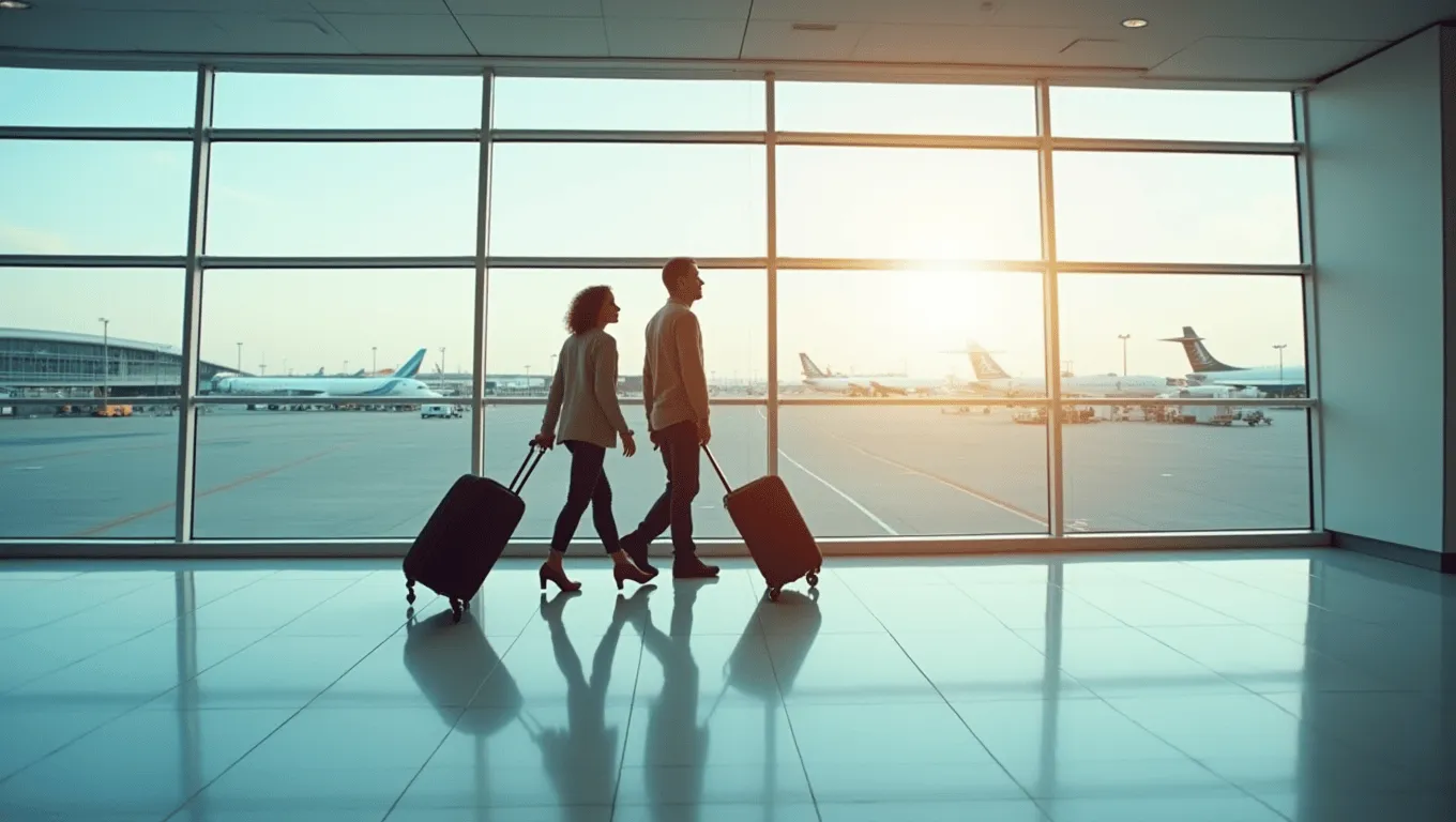 Couple reviewing vacation loans online for travel planning.