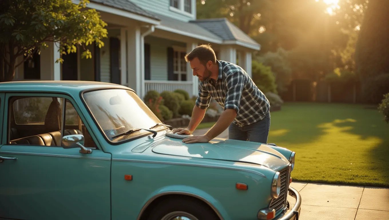 Couple reviewing classic car loan approval documents online