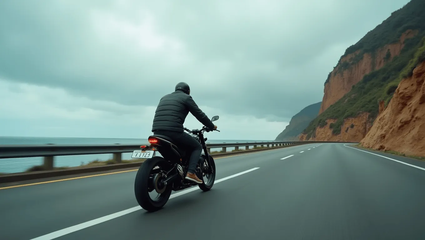 Couple reviewing motorcycle loan documents and application.
